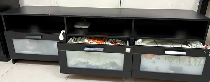 Black TV Stand / Entertainment Unit with 3 Drawers and 3 Open Shelves