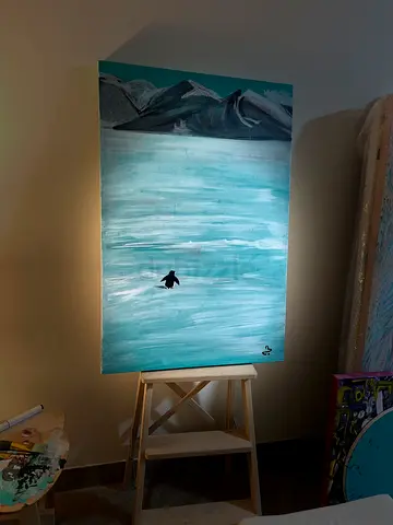 Original Seascape Painting on Canvas — Penguins and Mountains