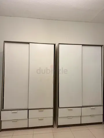 Ikea Bedroom Set- Pair of 2 White Sliding Door Wardrobes with Drawers, Bed Frame and 2 SideTables