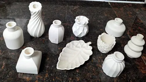 Set of 10 White Ceramic Decorative Vases  Tray - Assorted Shapes