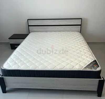 Queen Bed Frame with Mattress and Nightstand and Pillow and Duvet - Light Grey/Black