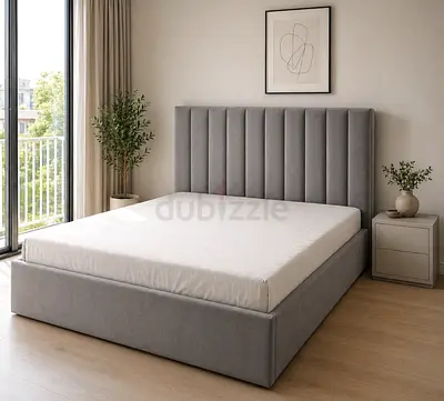 Brand New Grey upholstered queenbed frame with tall channel-tufted headboard