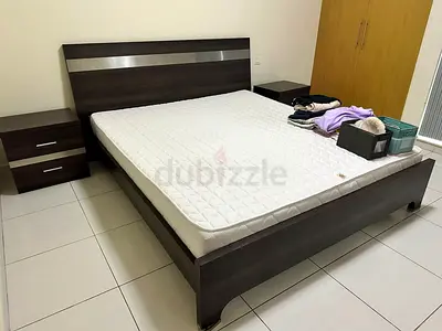 Queen Size Bed Frame with Two Nightstands, dresser + mirror and mattress