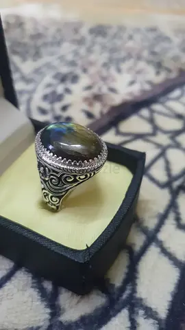 Sterling Silver Mens Ring with Oval  Stone -  ، Natural peacock stone، حجر الطاوس الطبيعي