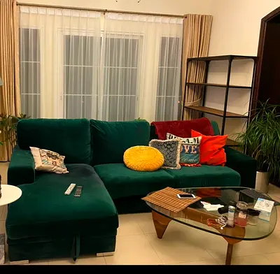 Dark Green Velvet L-Shaped Sofa bed with Chaise and storage - Good Condition