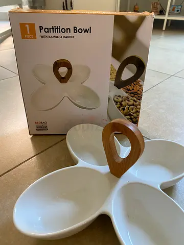 White Ceramic 4-Section Partition Bowl with Bamboo Handle - Like New