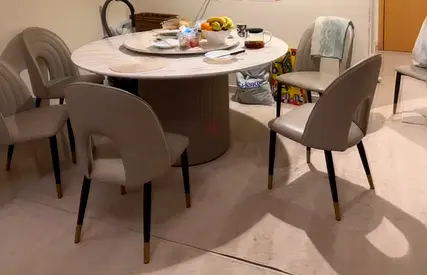 Round Marble Dining Table with 6 Upholstered Chairs - Good Condition