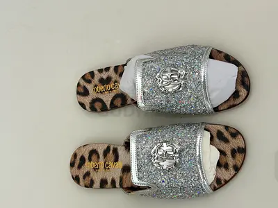 Roberto Cavalli Glitter Slide Sandals with Leopard Insole — Size 36