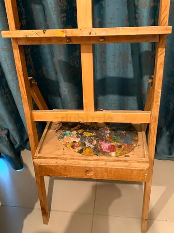 Wooden Artist Easel with Used Paint Palette