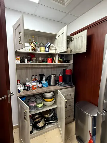 Kitchen cabinets and Coffee Bar with shelves, drawers and built-in storage - light wood finish