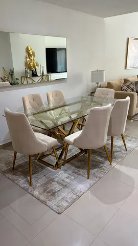 Glass Top Dining Table with 6 Upholstered Chairs - Modern Set
