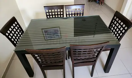 6-Seater Wooden Dining Table with Glass Top (Dark Brown)