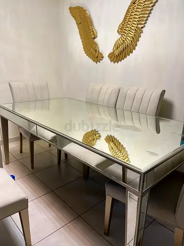 Glass Top Dining Table with 6 Upholstered Chairs - Excellent Condition