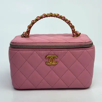 AUTHENTIC CHANEL VANITY RECTANGULAR WITH TOP HANDLE PINK LAMBSKIN GHW