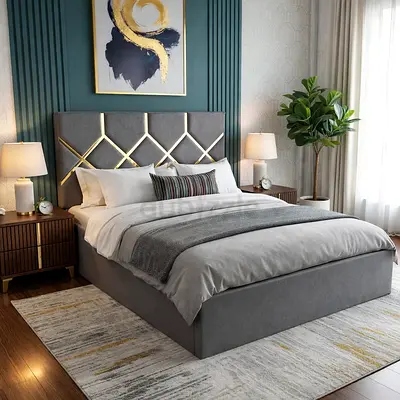 Grey Upholstered Bed with Geometric Headboard — Queen Size (Good Condition)
