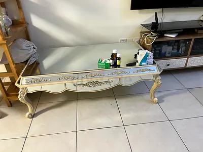 Ornate Vintage-Style Long Coffee Table with Glass Top
