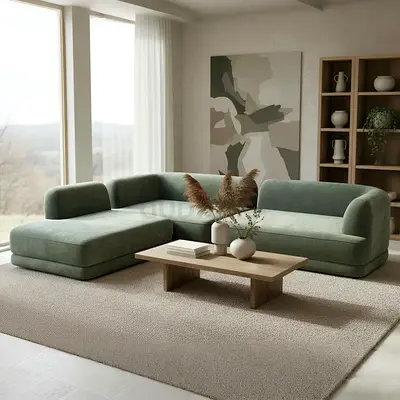 Light Green Modern L-Shaped Fabric Sofa — Comfortable 3-Seater with Chaise