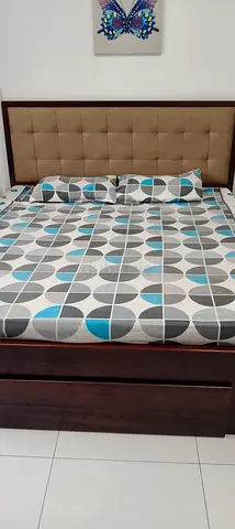 King Size Wooden Bed with 3 custome storage with wheel and Upholstered Headboard — Good Condition