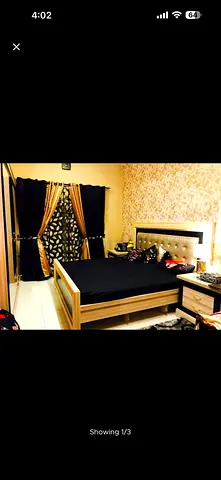 Queen wooden bed frame with headboard and bedside tables - good condition