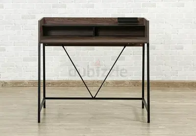 Compact Wooden Writing Desk with Open Shelves and Metal Frame