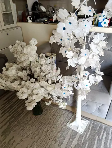 Pair of white artificial decorative blossom trees - floor standing