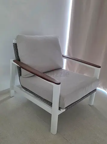 2 White Frame Outdoor/Indoor Lounge Chair with Grey Cushions + coffee table