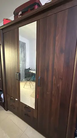 Solid Wood 3- Door Wardrobe with Mirror - Dark Finish