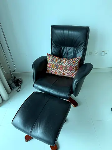 Black Leather Recliner Armchair with Ottoman — Good Condition