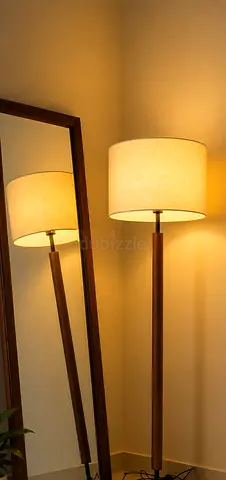 Wooden Floor Lamp with White Drum Shade - Good Condition