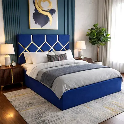 Brand New Blue Velvet queen Bed with Gold Accent Headboard - Good Condition