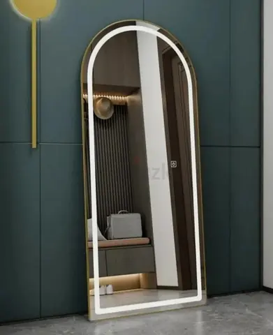 Full-Length Arched LED Floor Mirror with Gold Frame