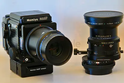 Mamiya RZ with 75mm Shift lens, 90mm Prism Finder.