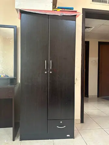 Dark Wood Two-Door Wardrobe with Drawer - Good Condition