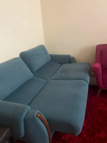 Blue 3-Seater Sofa with Wooden Armrests - Good Condition, 2 sofa bed and 2 chair