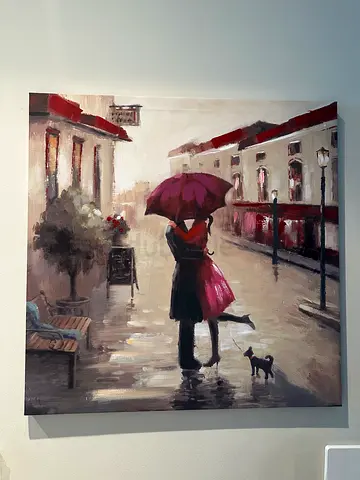 Framed Oil-Style Street Scene Painting with Umbrella and Figure