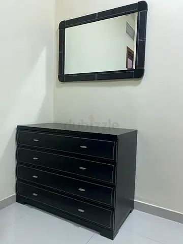 Black 4-Drawer Dresser with Matching Wall Mirror - Good Condition