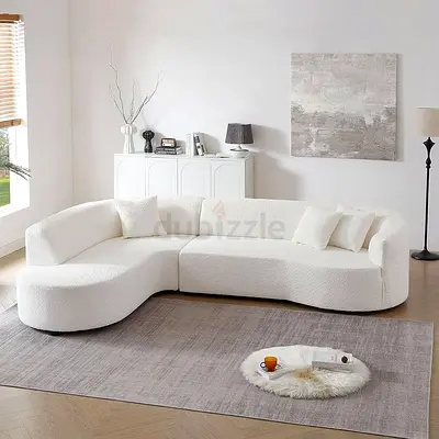 Curved White Bouclé Sofa — Modern 3-Seater Corner