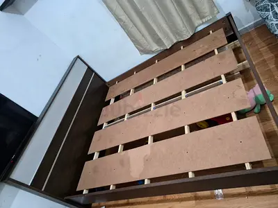 Queen wooden bed frame with headboard - dark brown