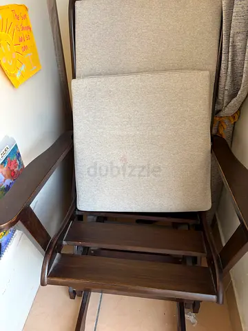 solid wooden rekaxing chairs with beige cushions - sturdy, good condition