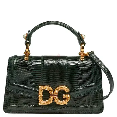 Authentic Dolce  Gabbana Green Lizard Embossed Leather Mini DG Amore Top Handle Bag