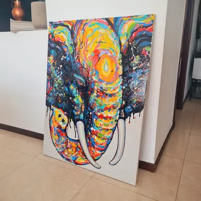 Large Colorful Elephant Canvas Painting from Thailand - Vibrant Modern Art (Size 90x120 cm.)