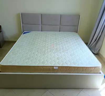 King fabric headboard bed frame with mattress - good condition