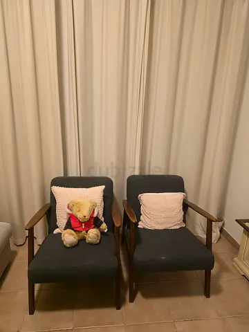 Pair of Mid-Century Style Accent Chairs - Dark Grey Fabric with Wooden Arms