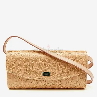 Authentic Dolce  Gabbana Beige Lace and Satin Sicily Flap Clutch