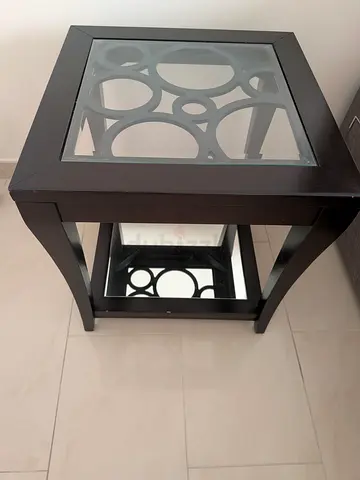Dark Wood Side Table with Glass Top and Lower Shelf