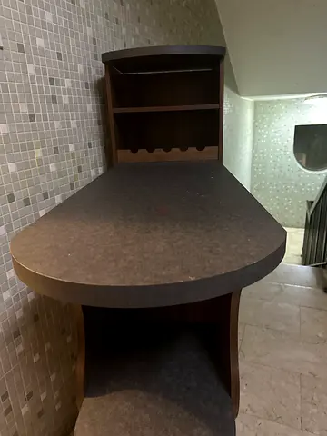 Wooden Home Bar Counter with Shelves and Footrests - Good Condition