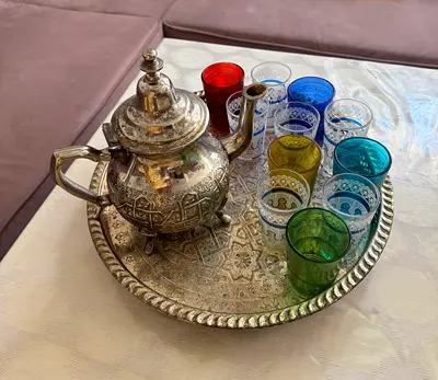 Traditional Moroccan Tea Set with Tray and Colored Glasses - Used