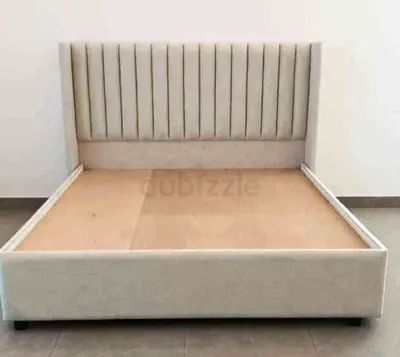 Beige Upholstered Double Bed Frame with Padded Headboard