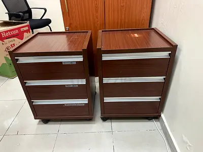 Pair of Wooden 3-Drawer Mobile Filing Cabinets on Wheels
