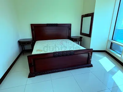 Solid Dark Wood Double Bed with Two Nightstands and Mirror